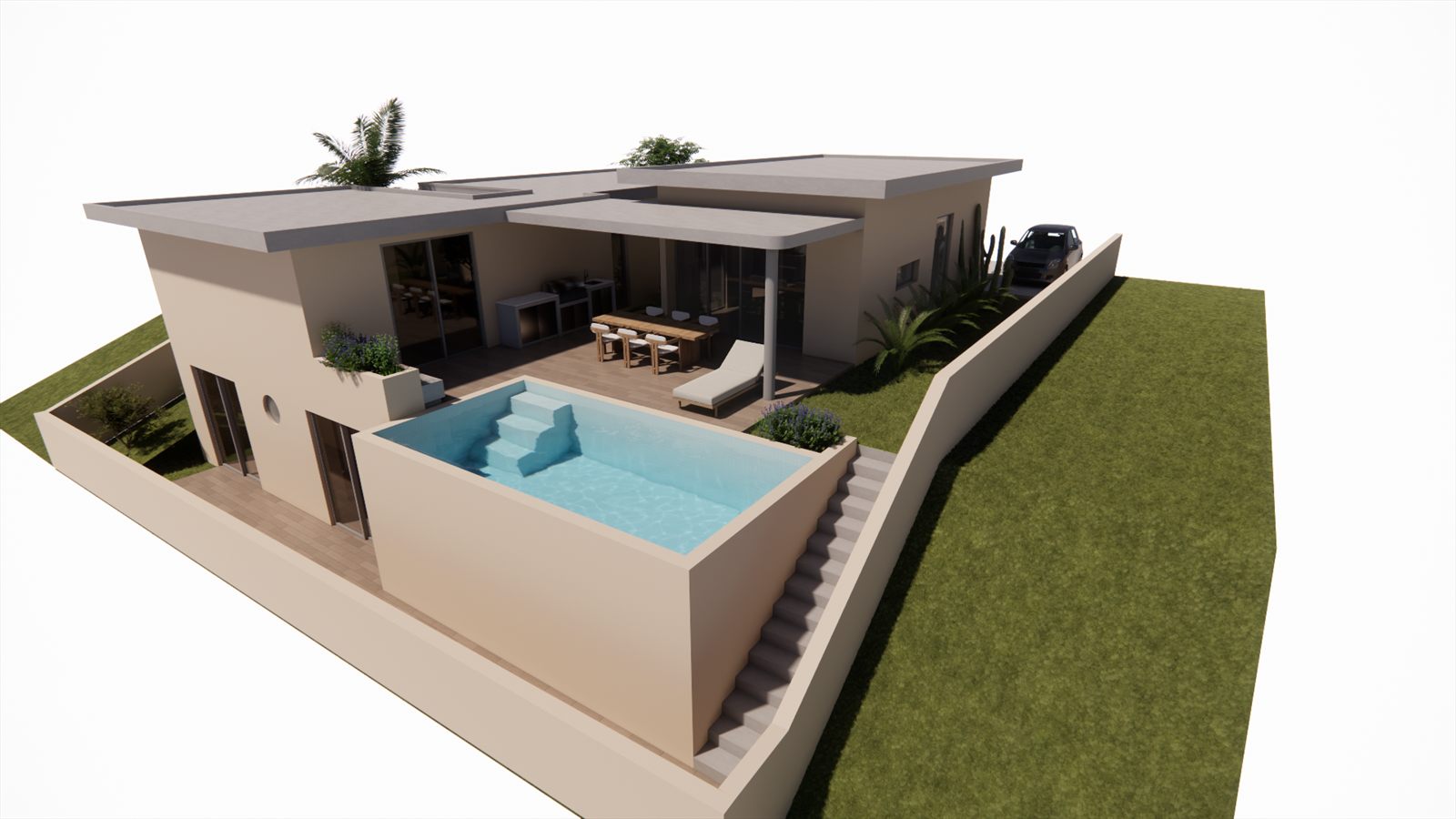 Casa Brisa — aerial view of the pool and walled terrace.
