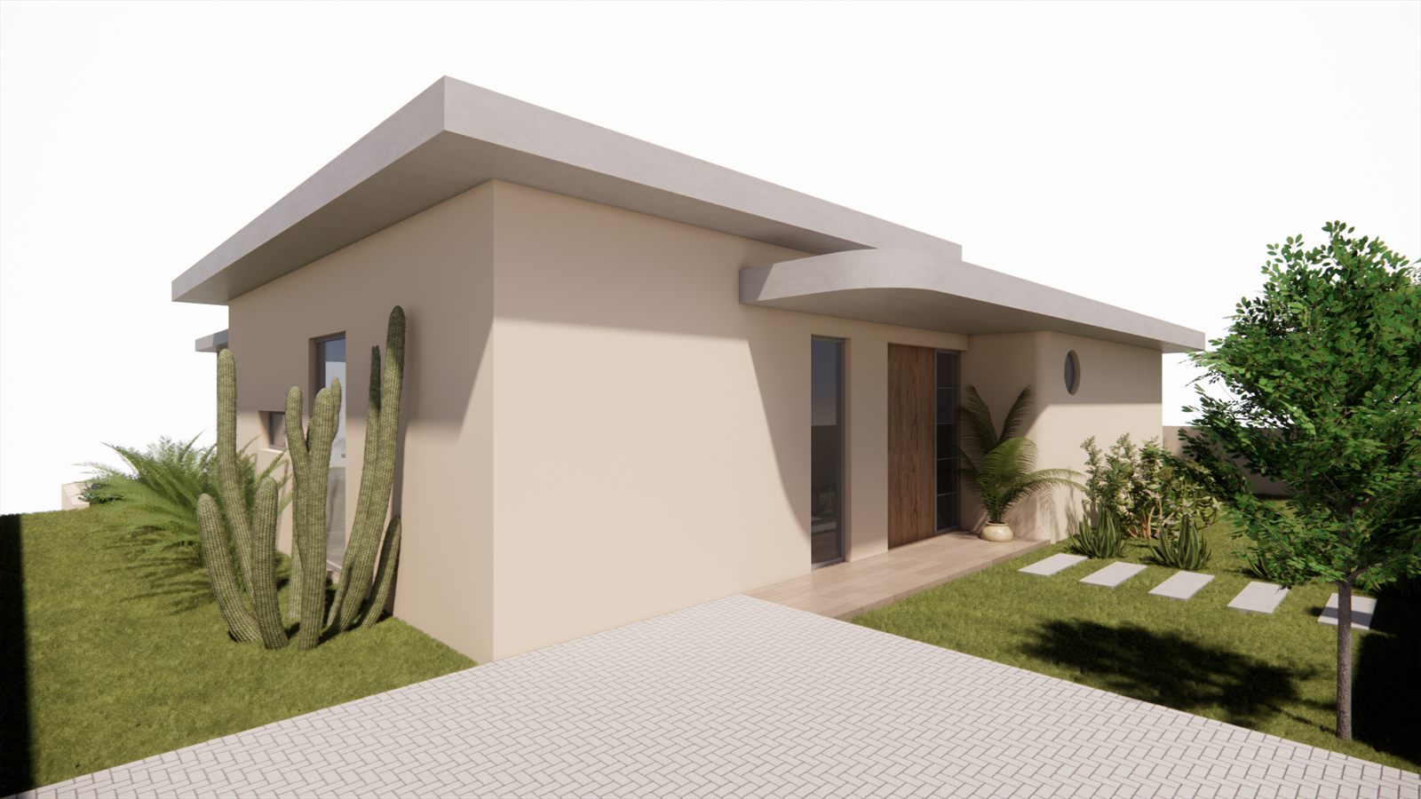 Casa Brisa — frontal view from the driveway with cacti planting.