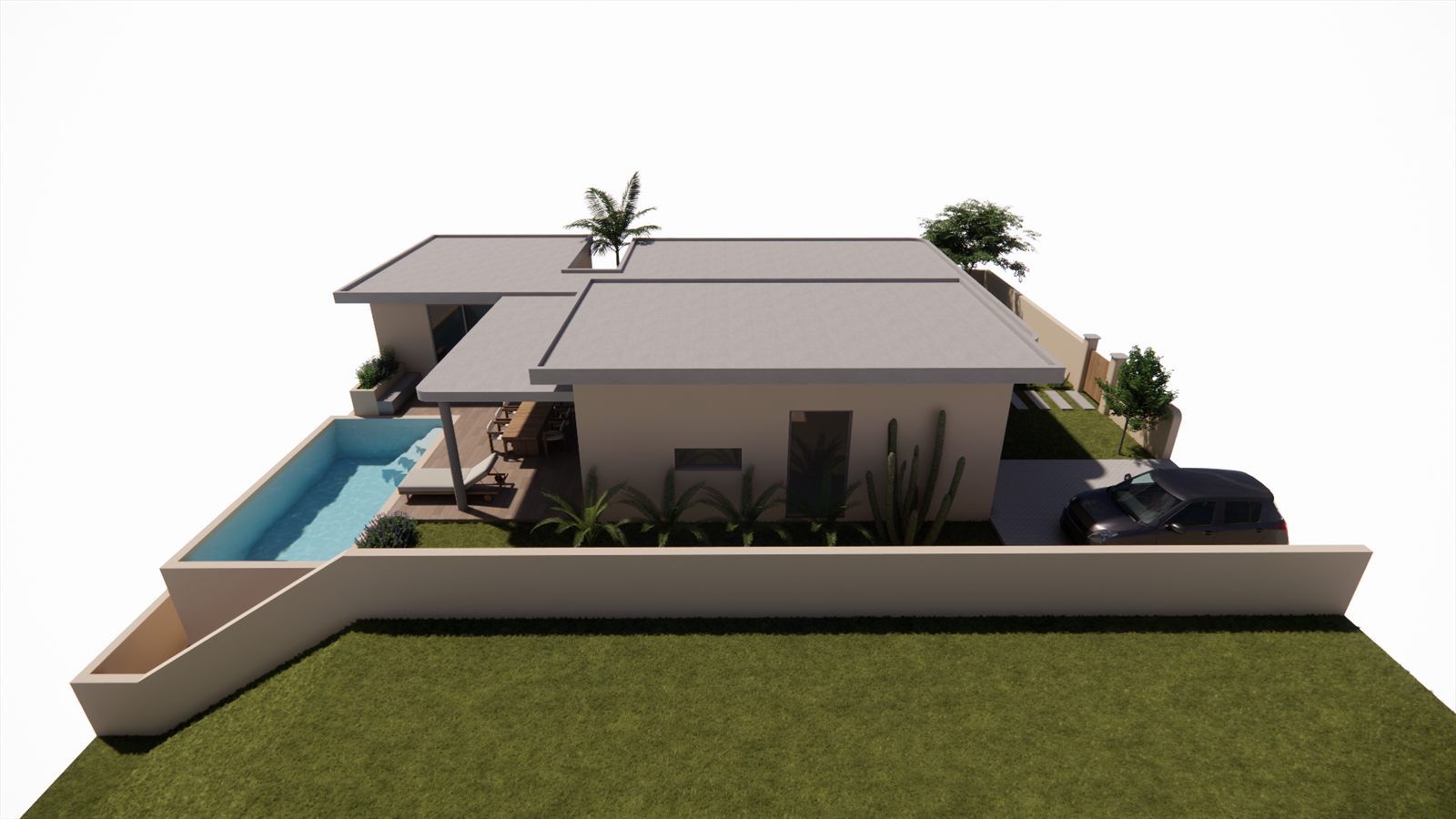 Casa Brisa — side view with the lap pool running along the boundary wall.