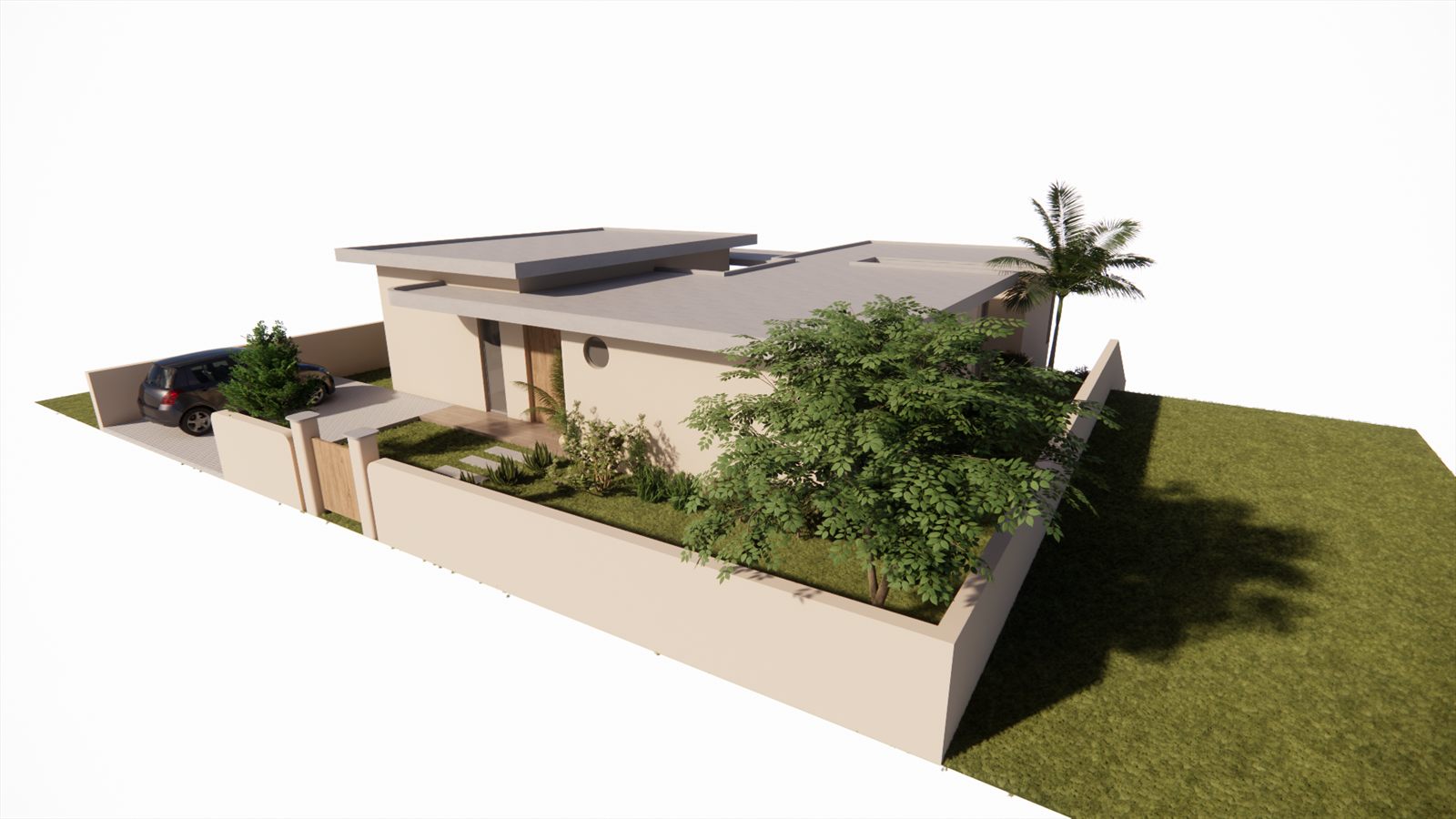 Casa Brisa — garden side, planting massed against the enclosing wall.