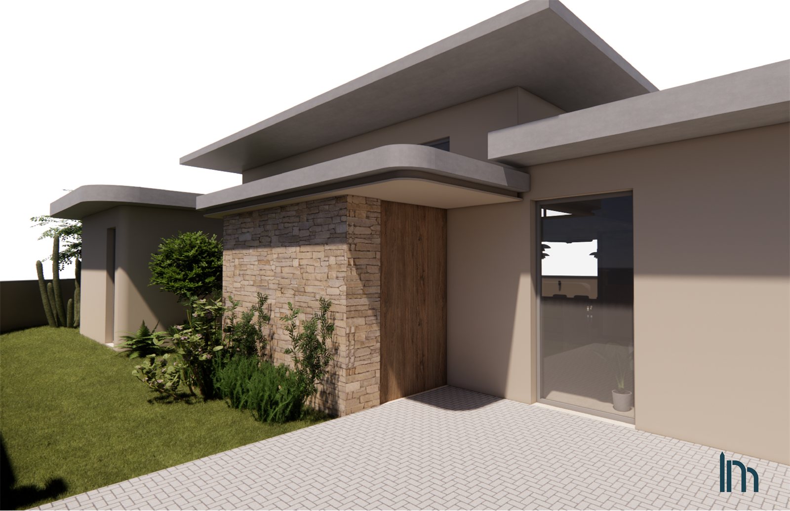 Casa Miami — entrance with stone cladding and timber door.