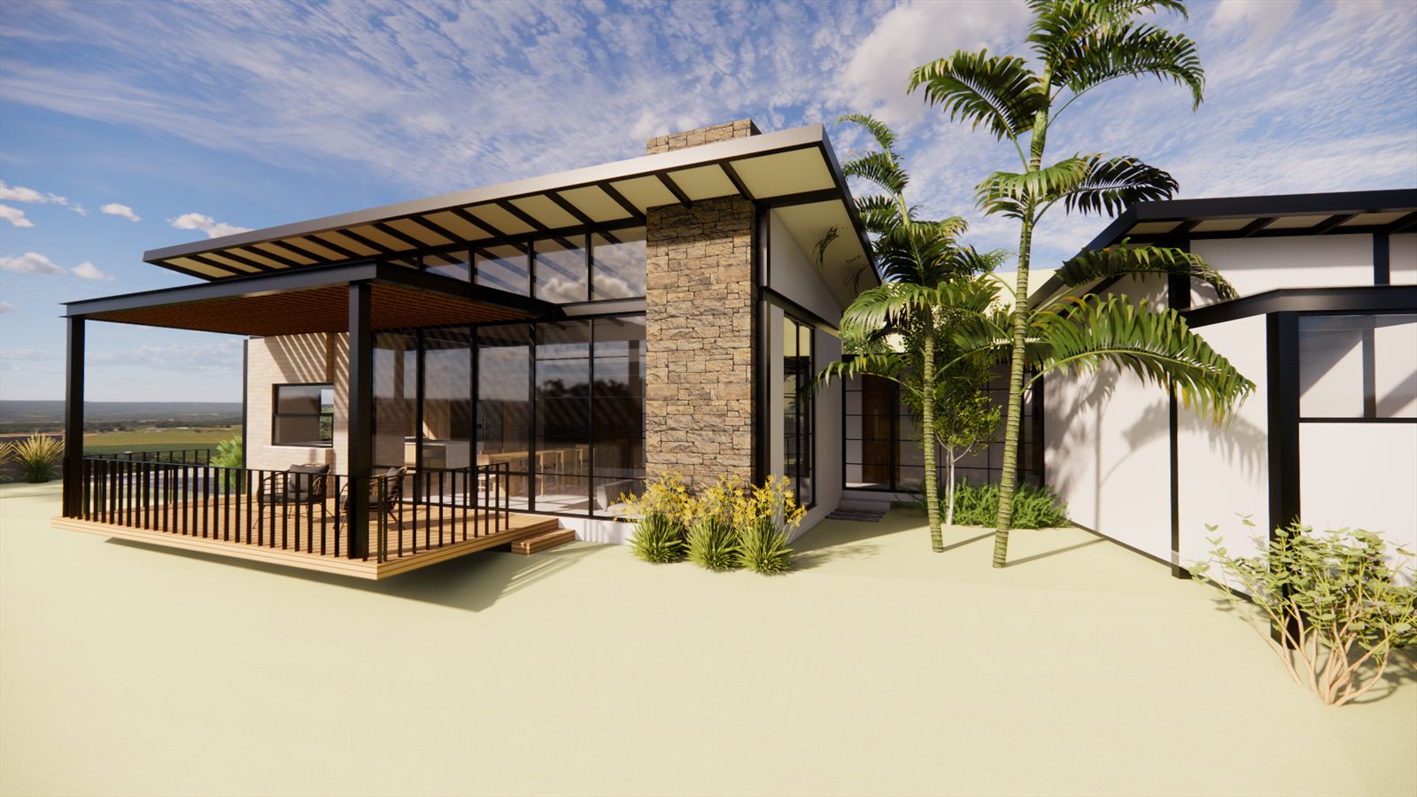 Casa Resiliencia — three-quarter view from the garden with a steel pergola over the terrace.