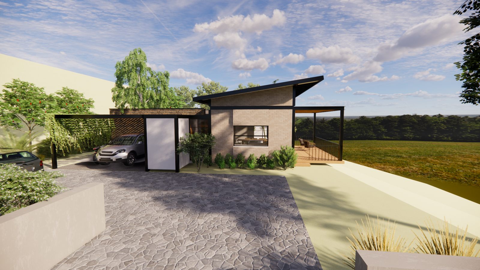 Casa Resiliencia — approach up the drive, the shed roof lifting over the carport.