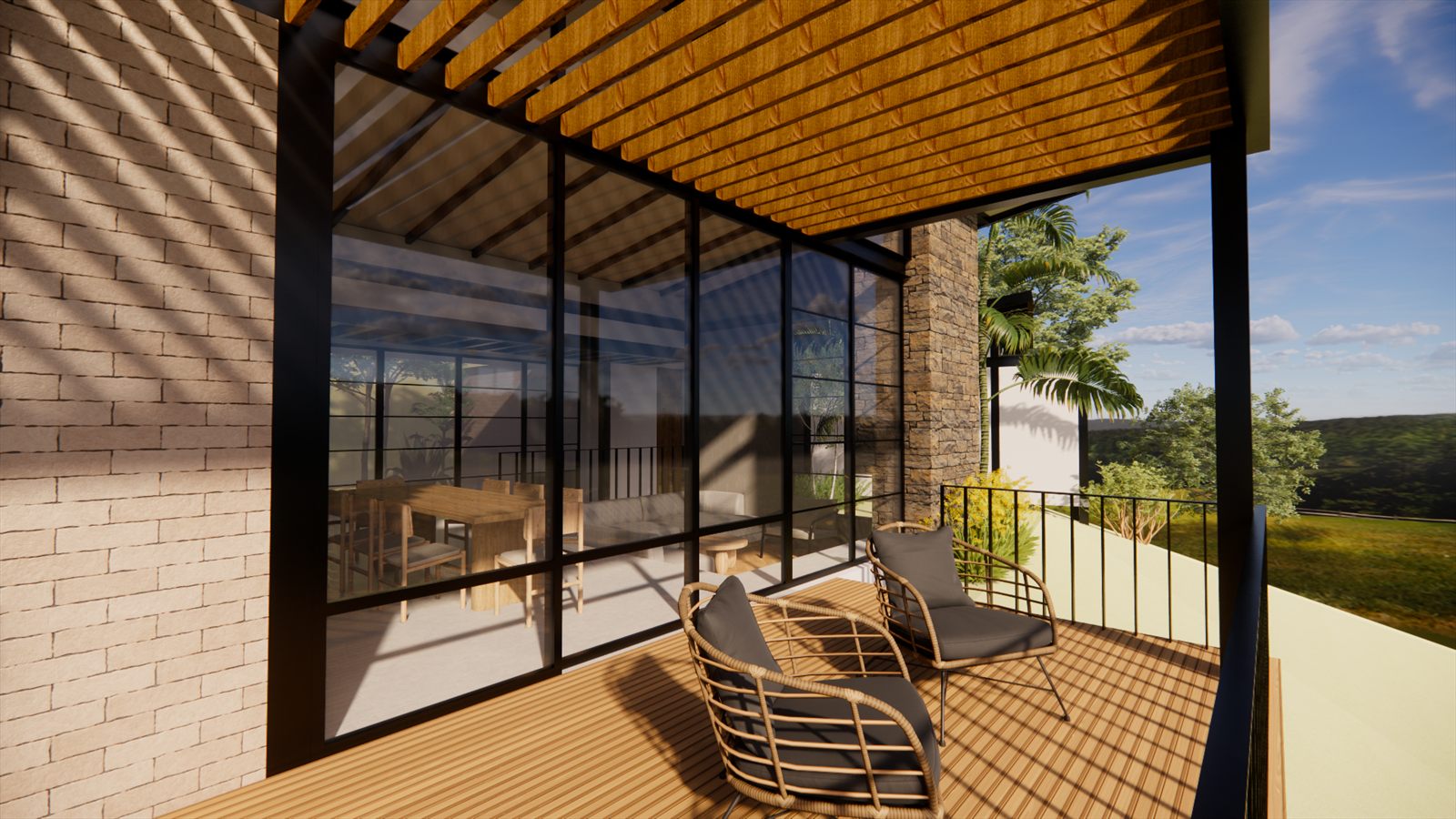 Casa Resiliencia — terrace under a timber-slat pergola with a lounge chair beside full-height glazing.