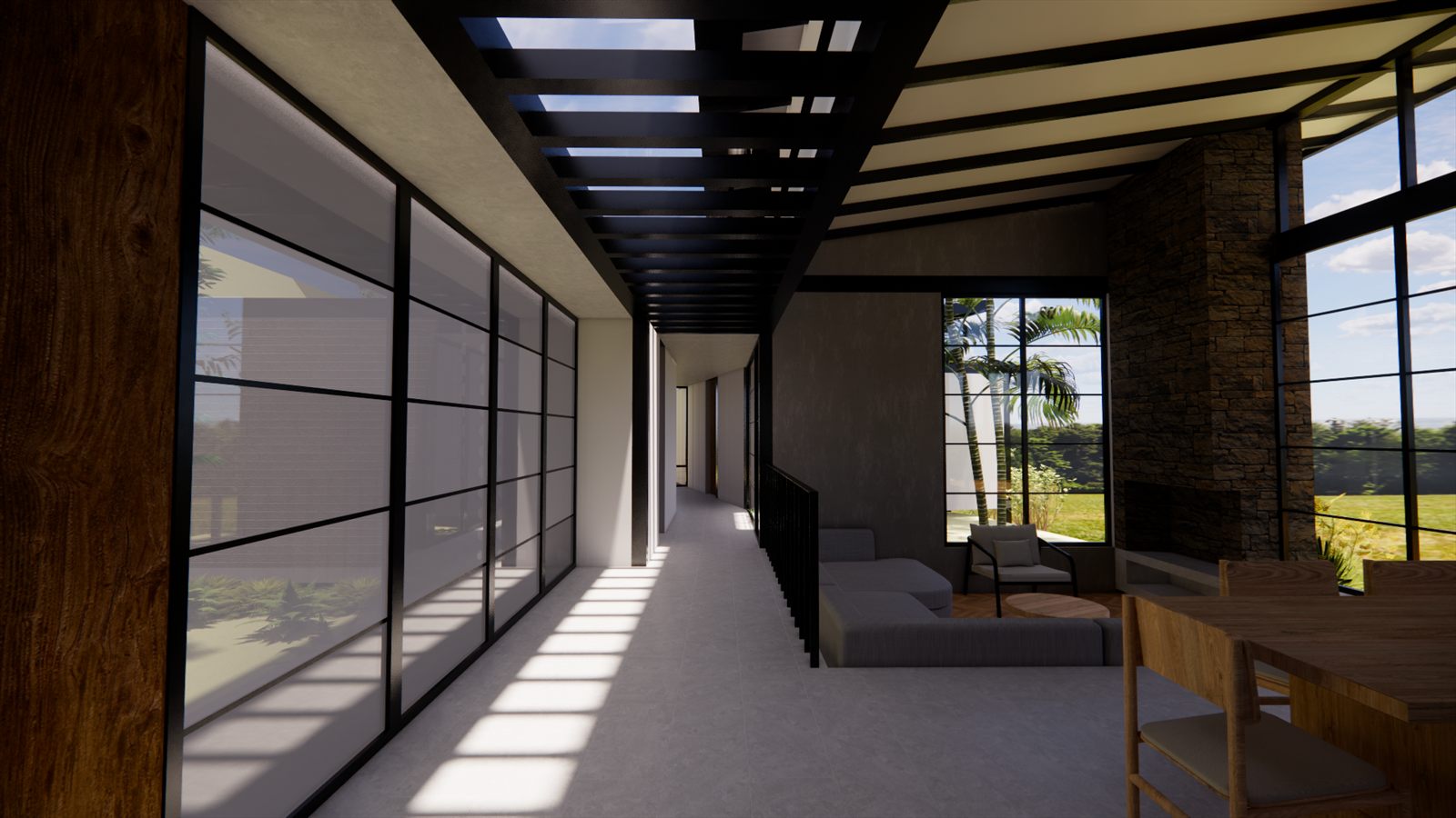 Casa Resiliencia — corridor running the length of the house, glazed down one side.