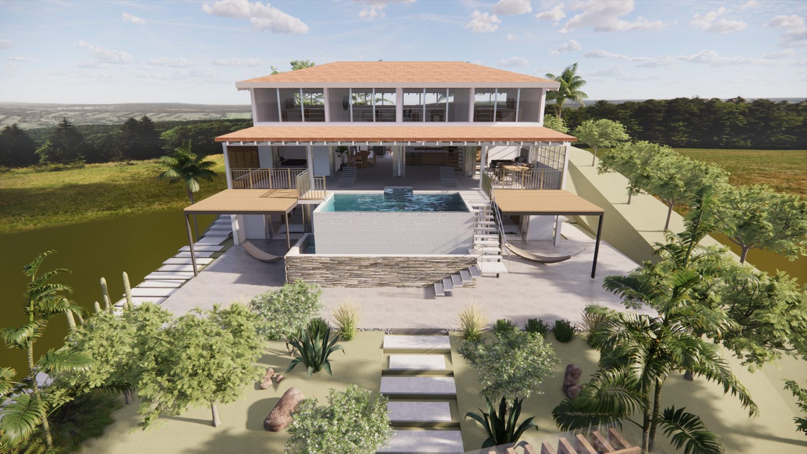 Coral Dreams & Ocean Whispers — two-storey villa with a terracotta roof stepping down to a pool terrace.