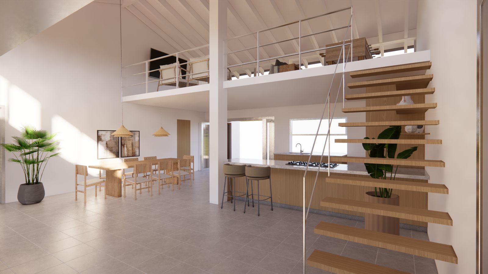 Coral Dreams & Ocean Whispers — double-height living room with an open-riser timber stair to the mezzanine.