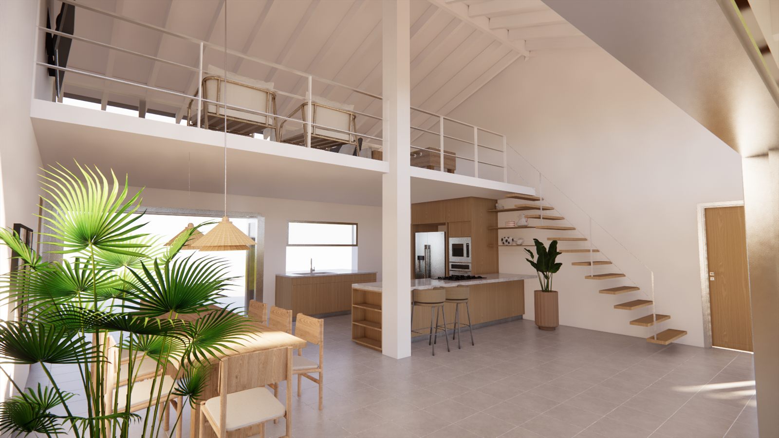 Coral Dreams & Ocean Whispers — living area with palms, the kitchen and stair beyond.