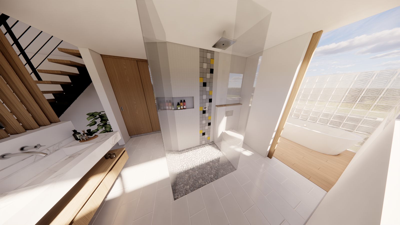 Coral Dreams & Ocean Whispers — upper landing beside a bathroom with a glass-block wall.