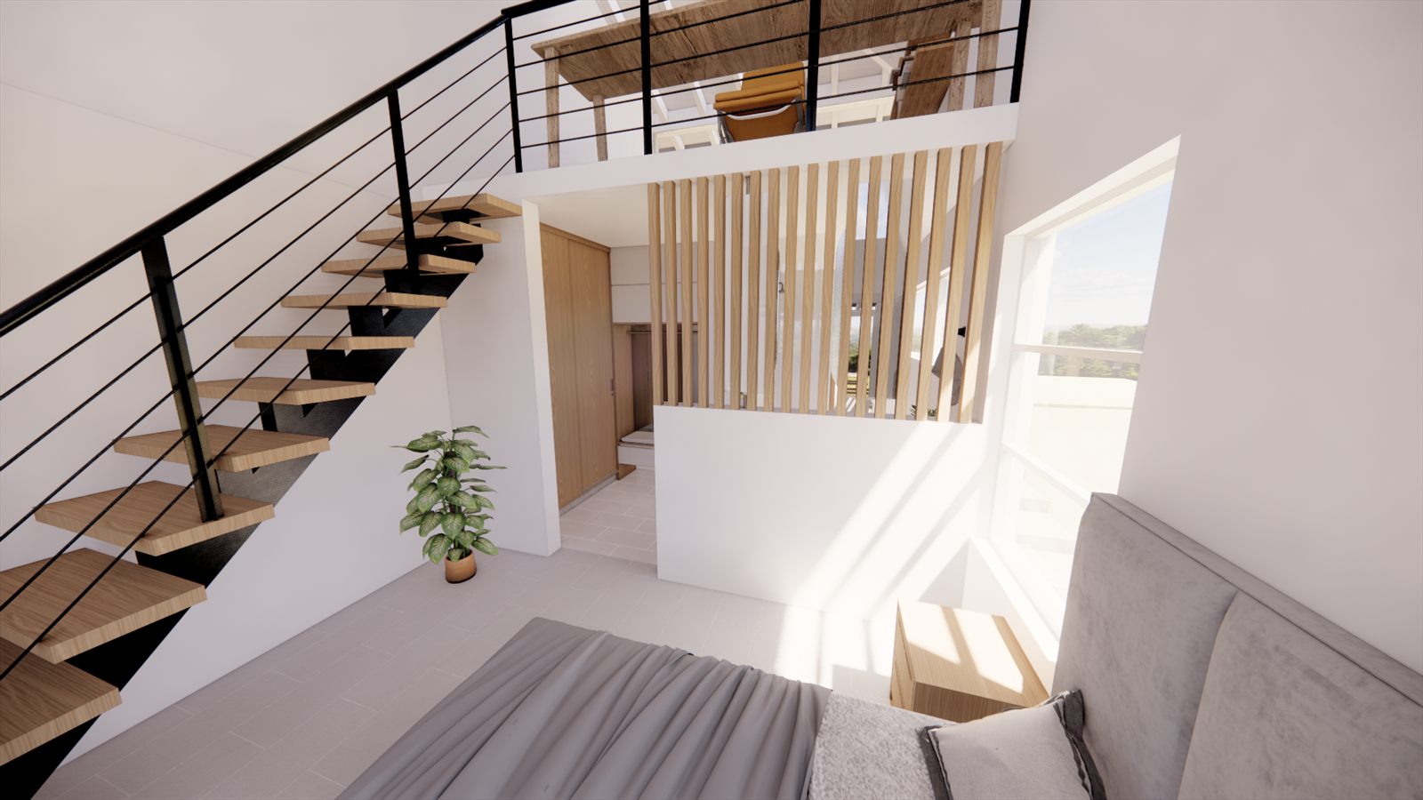 Coral Dreams & Ocean Whispers — bedroom with a timber-slat screen beside the stair.