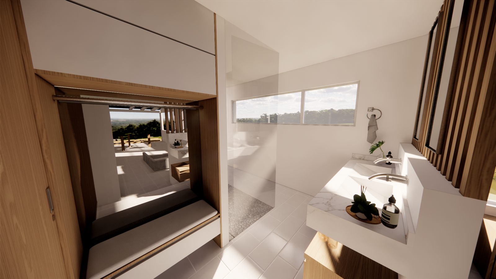 Coral Dreams & Ocean Whispers — timber-lined dressing passage with a vanity, opening toward the terrace.