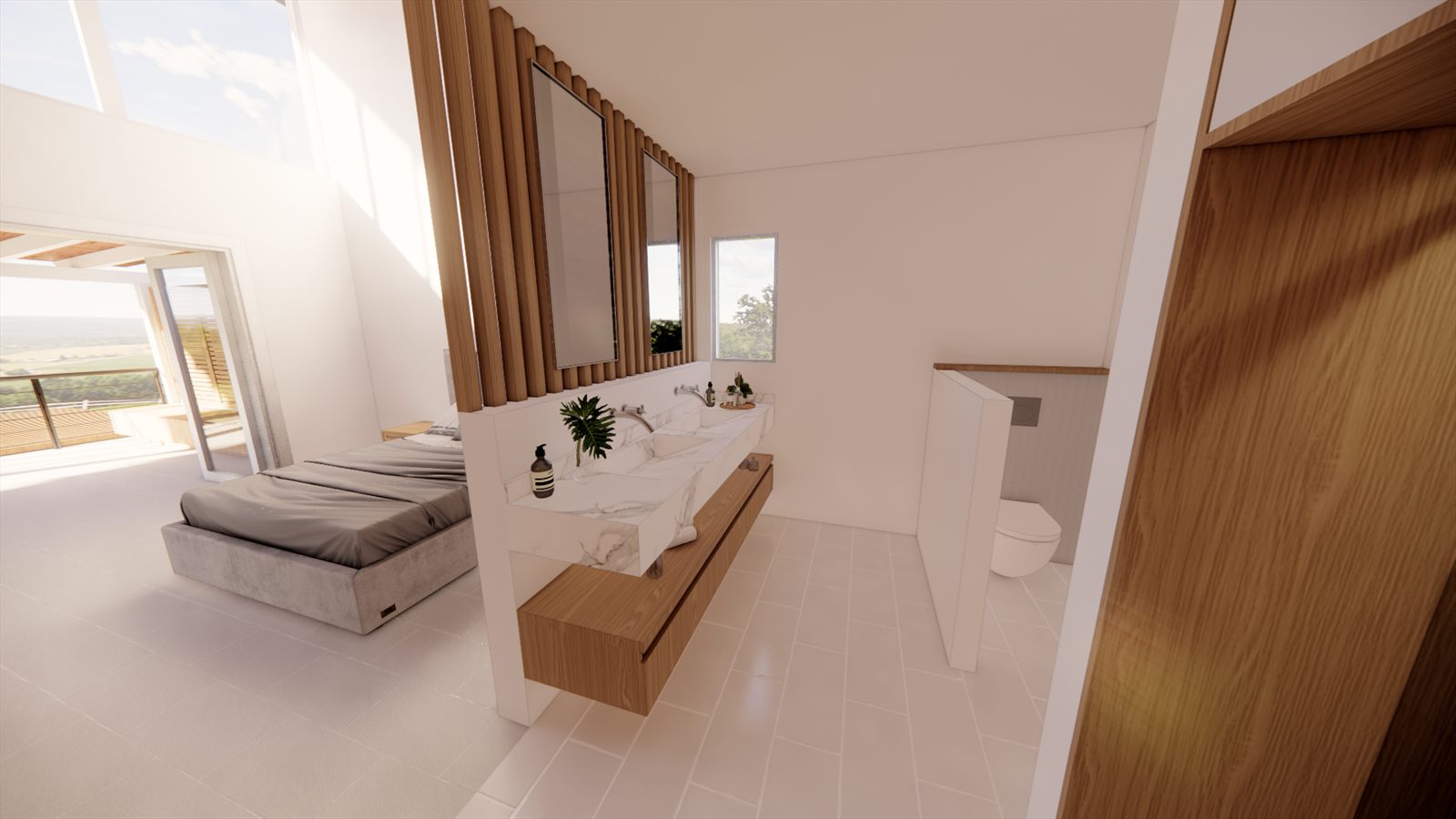Coral Dreams & Ocean Whispers — bedroom with timber joinery beside the bed and the ensuite beyond.