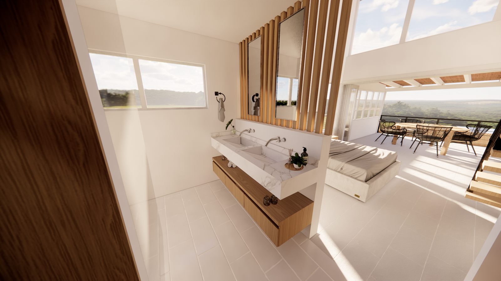 Coral Dreams & Ocean Whispers — bathroom with twin basins on a timber vanity behind a slatted screen.