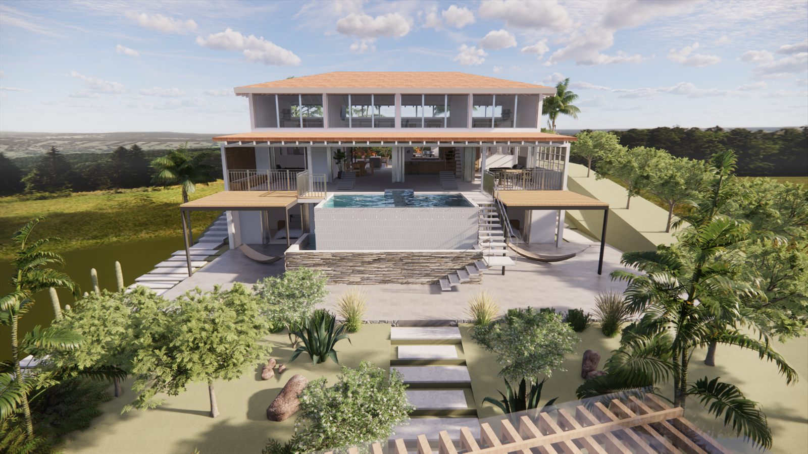 Coral Dreams & Ocean Whispers — wider garden view with loungers along the pool deck.