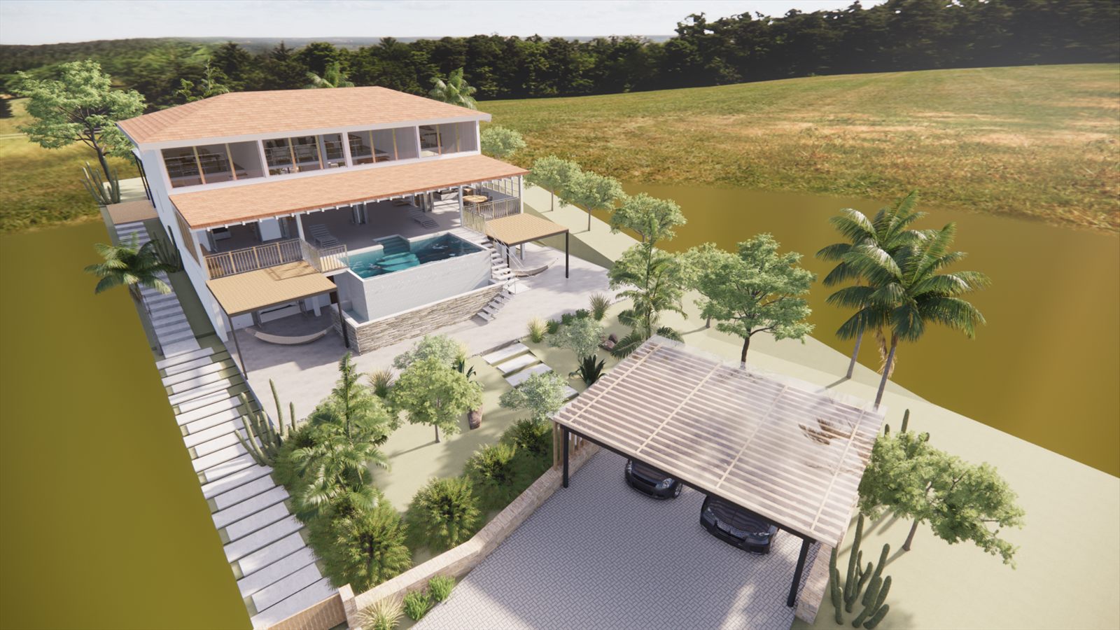 Coral Dreams & Ocean Whispers — aerial of the whole site, the villa above and a covered pavilion below linked by steps.