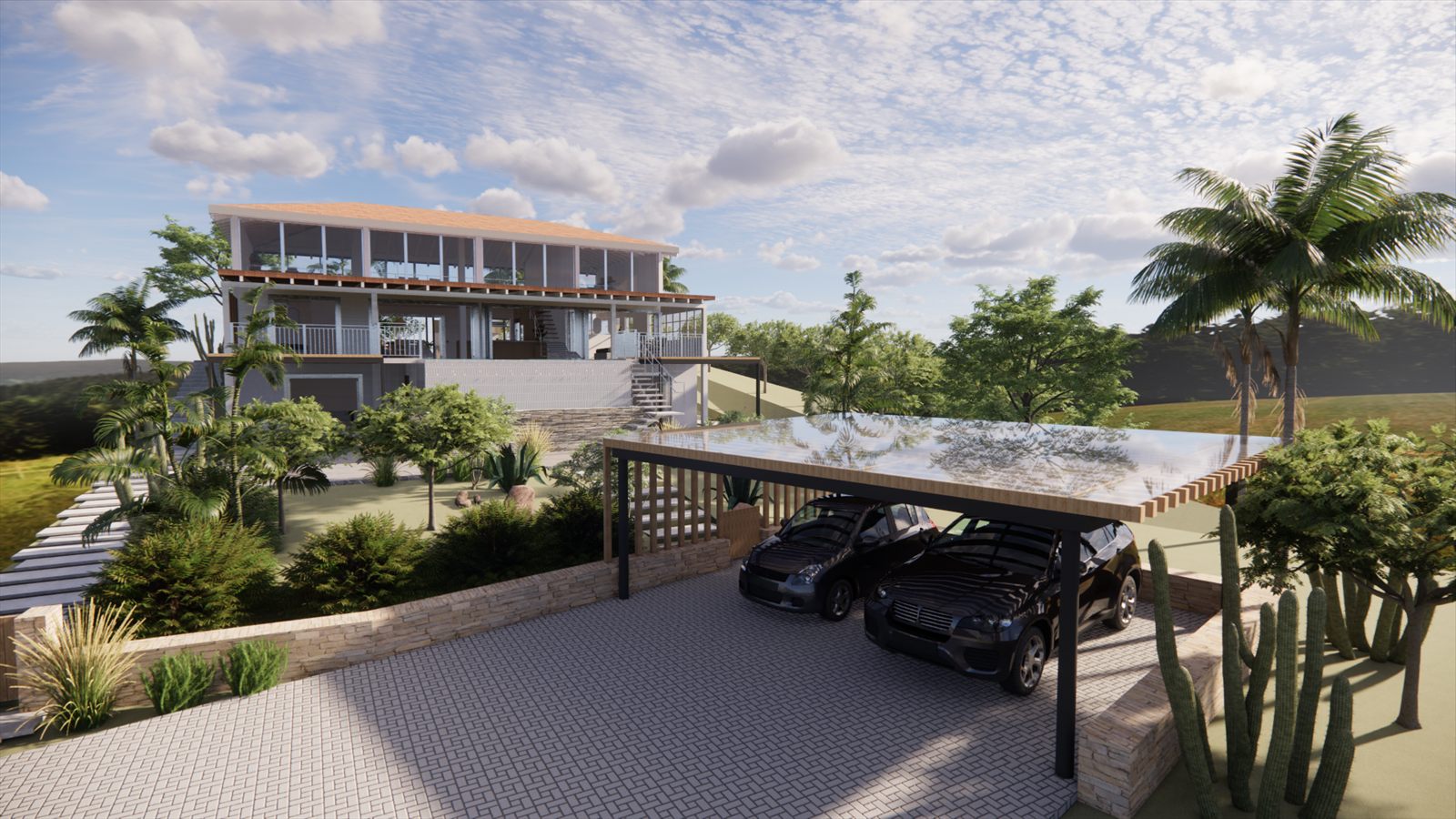 Coral Dreams & Ocean Whispers — approach to the open carport under a slatted canopy.