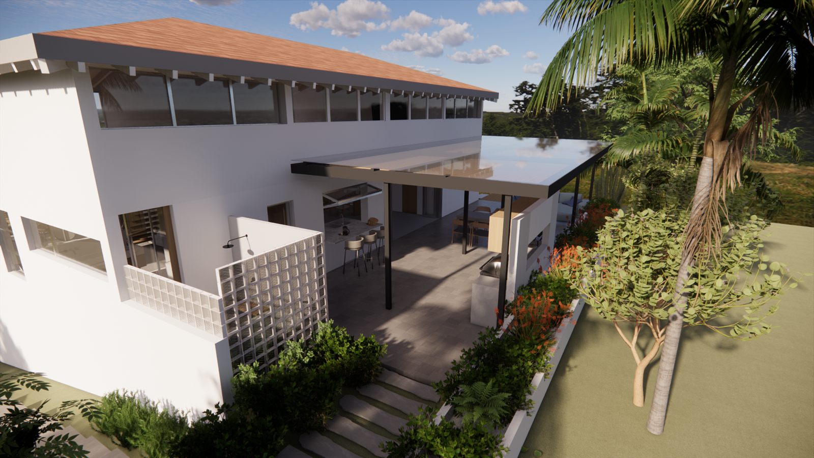 Coral Dreams & Ocean Whispers — side elevation with a glass-block screen and a tree beside the deck.