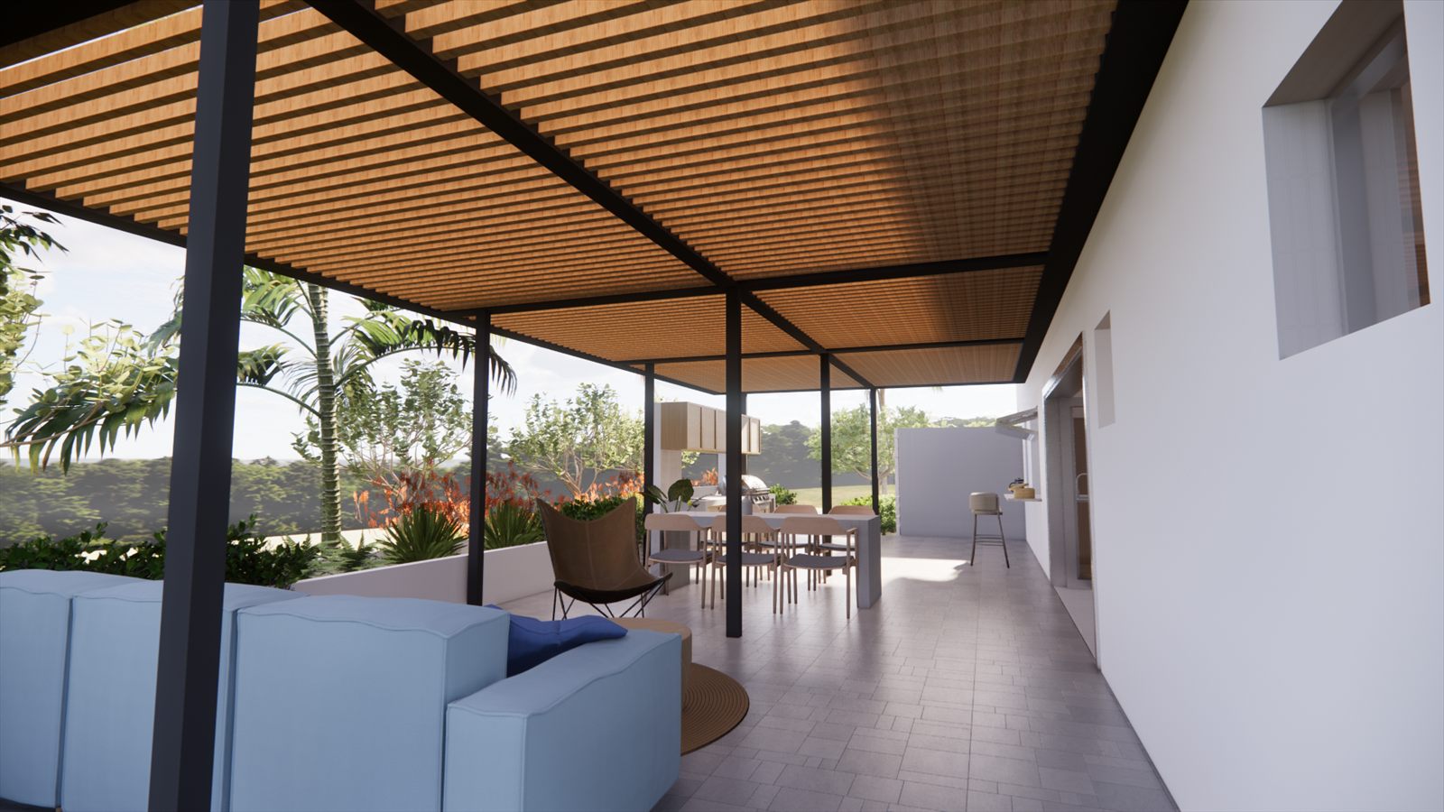 Coral Dreams & Ocean Whispers — covered terrace with a sofa under the timber-slat pergola.