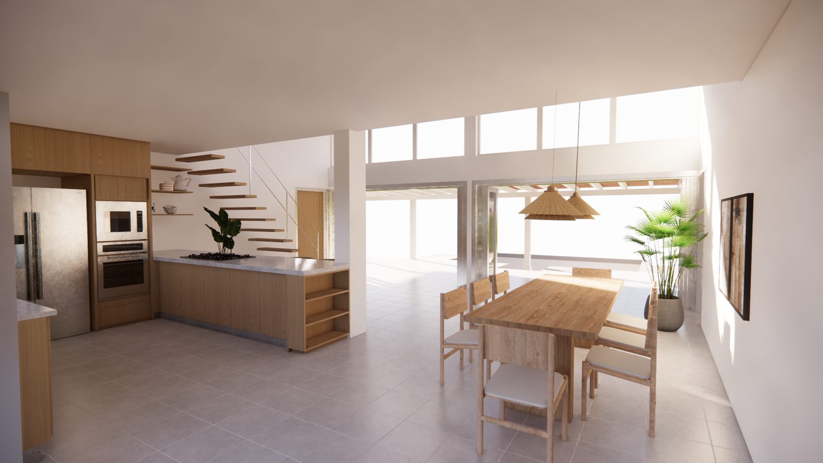 Coral Dreams & Ocean Whispers — kitchen and dining table with the stair rising past a tall window.