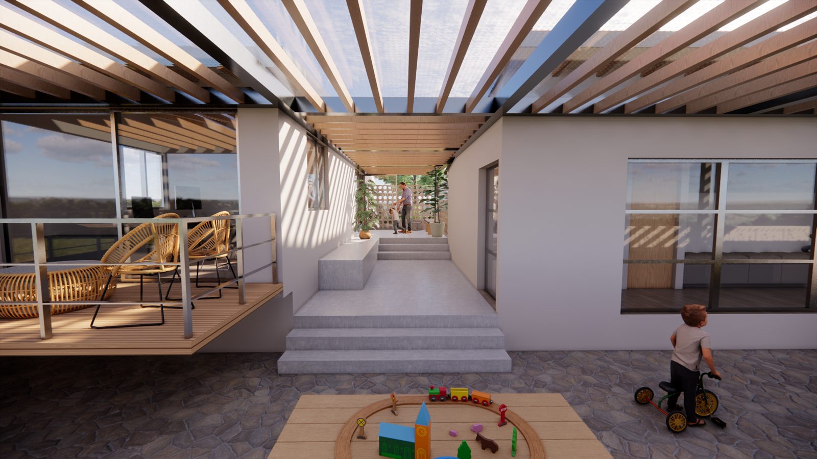Psychologie Praktijk — covered play terrace under a timber-slat pergola.