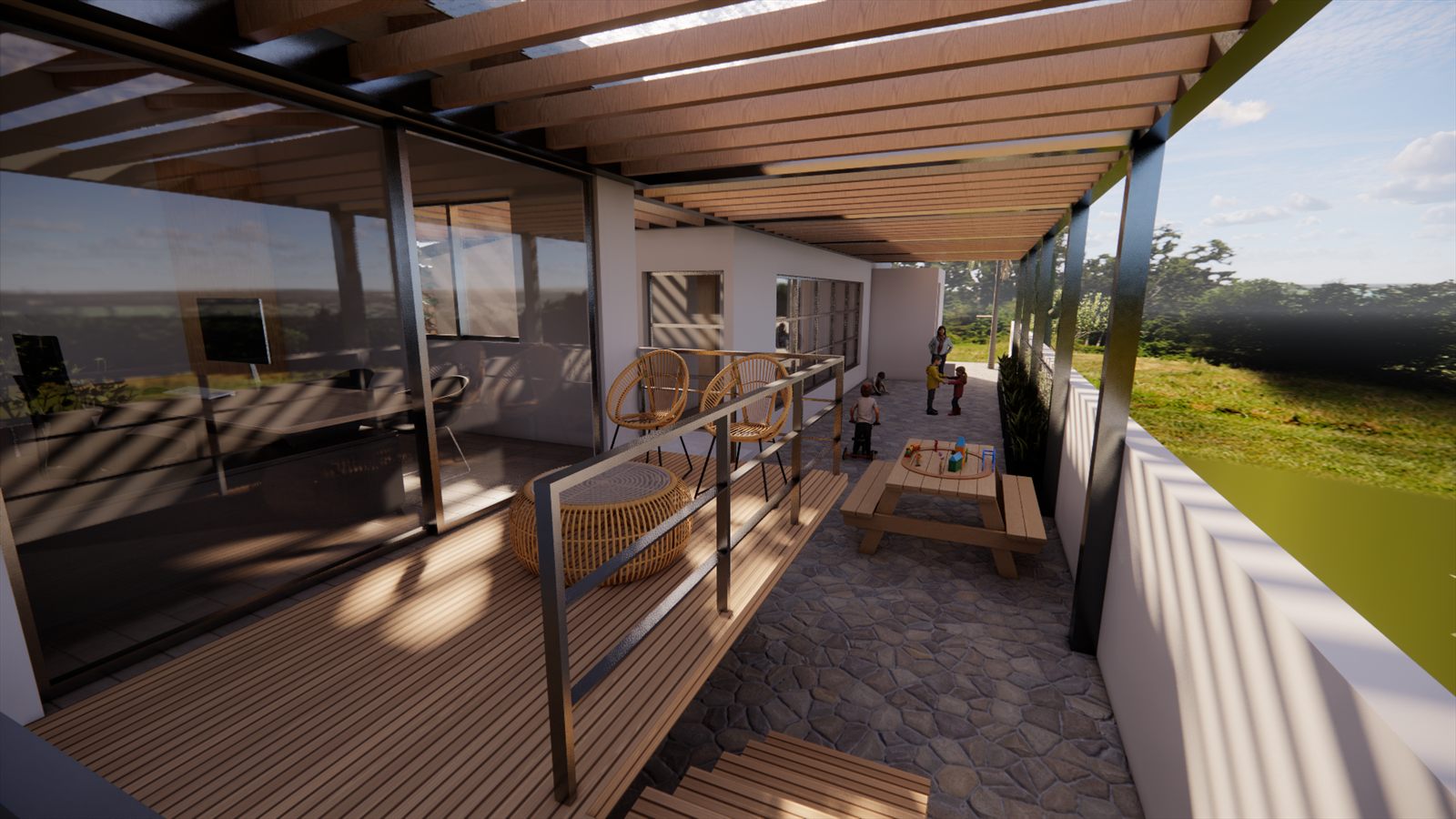 Psychologie Praktijk — deck walkway with a steel balustrade running under the pergola.