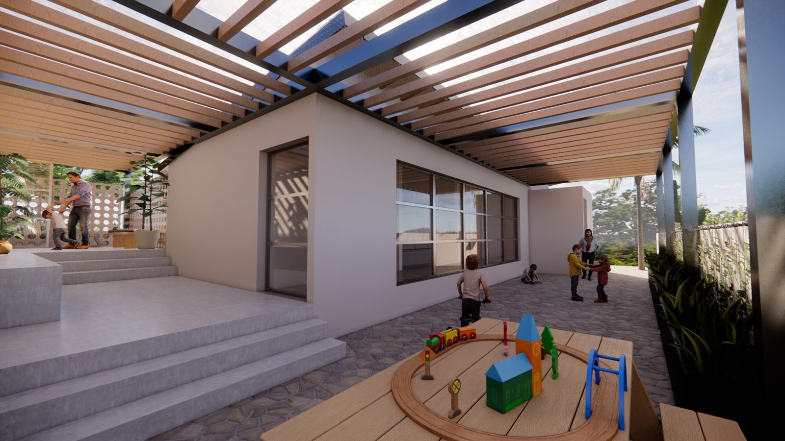 Psychologie Praktijk — steps up from the garden to the covered play terrace.