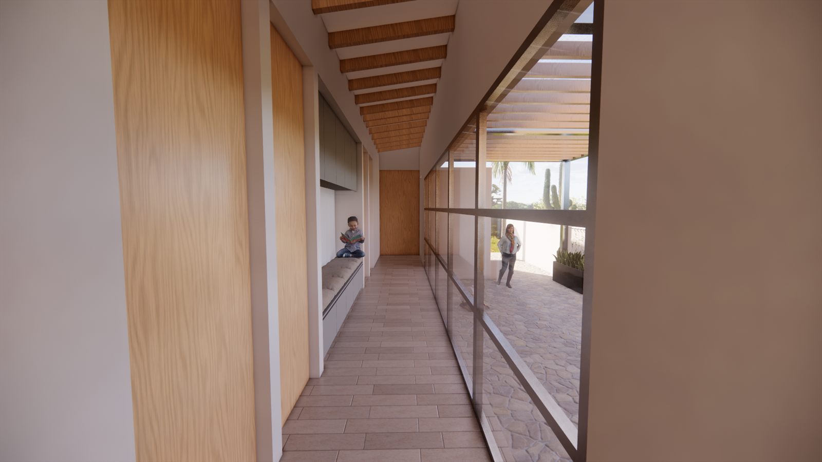Psychologie Praktijk — corridor with a timber ceiling and full-height glazing.