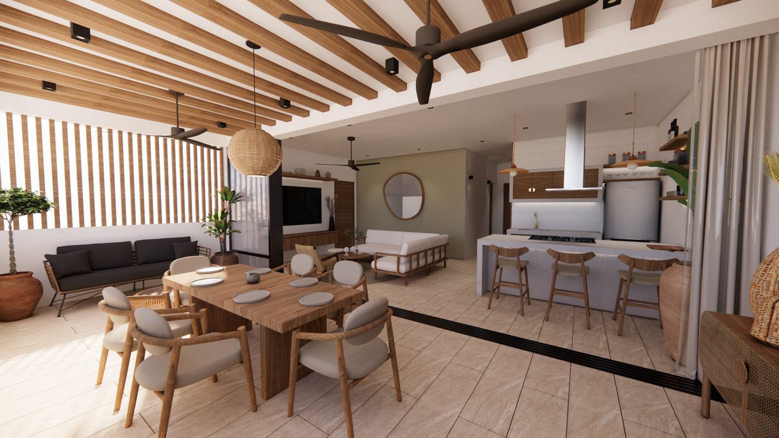 Schubappelweg Apartments — open-plan living and dining under exposed timber beams, kitchen beyond.