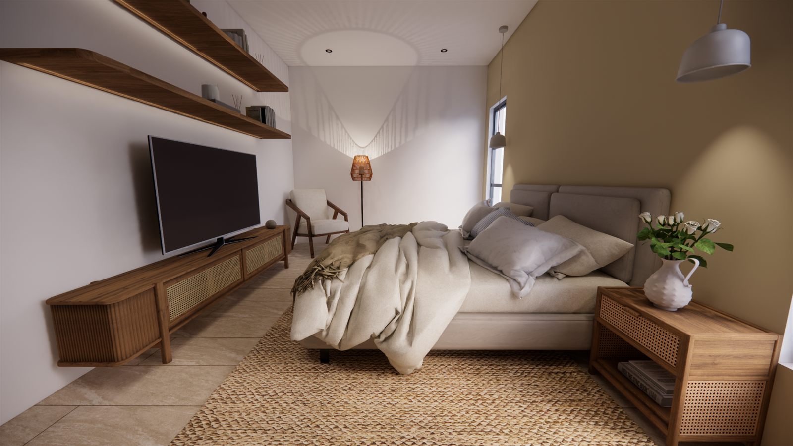 Schubappelweg Apartments — bedroom with a wall-hung media unit and timber shelf.