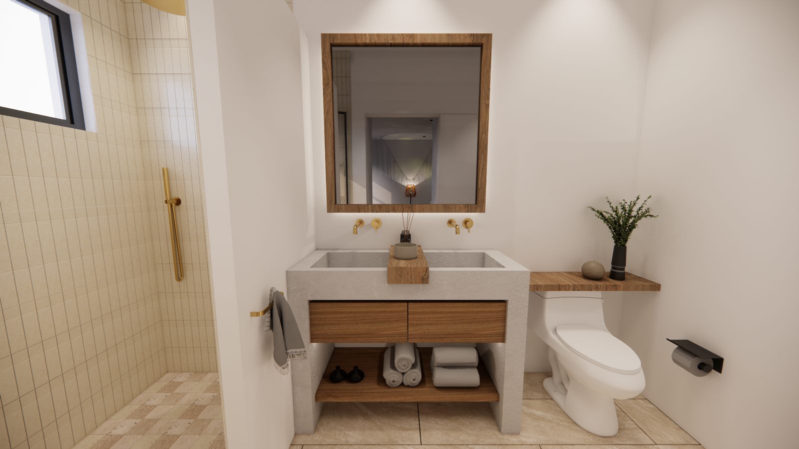 Schubappelweg Apartments — bathroom with a cast stone vanity and brass fittings.