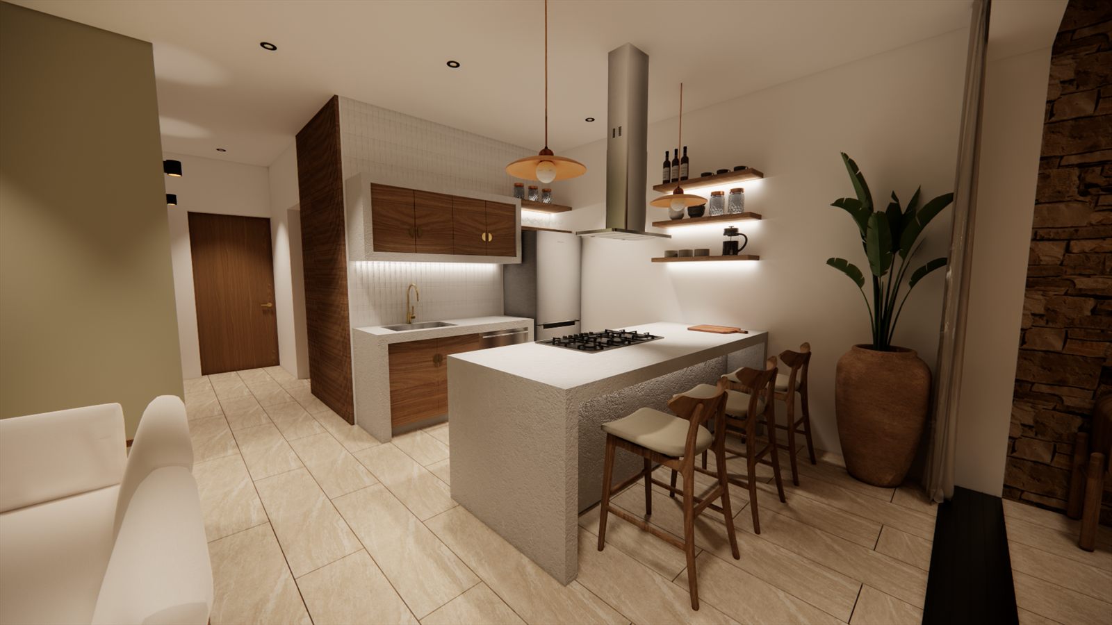 Schubappelweg Apartments — kitchen with an island, open shelving and a range.