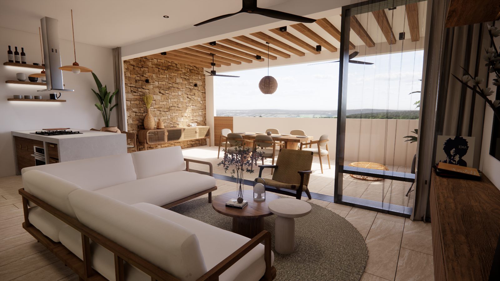 Schubappelweg Apartments — living room facing a stone chimney wall, opening onto the terrace.