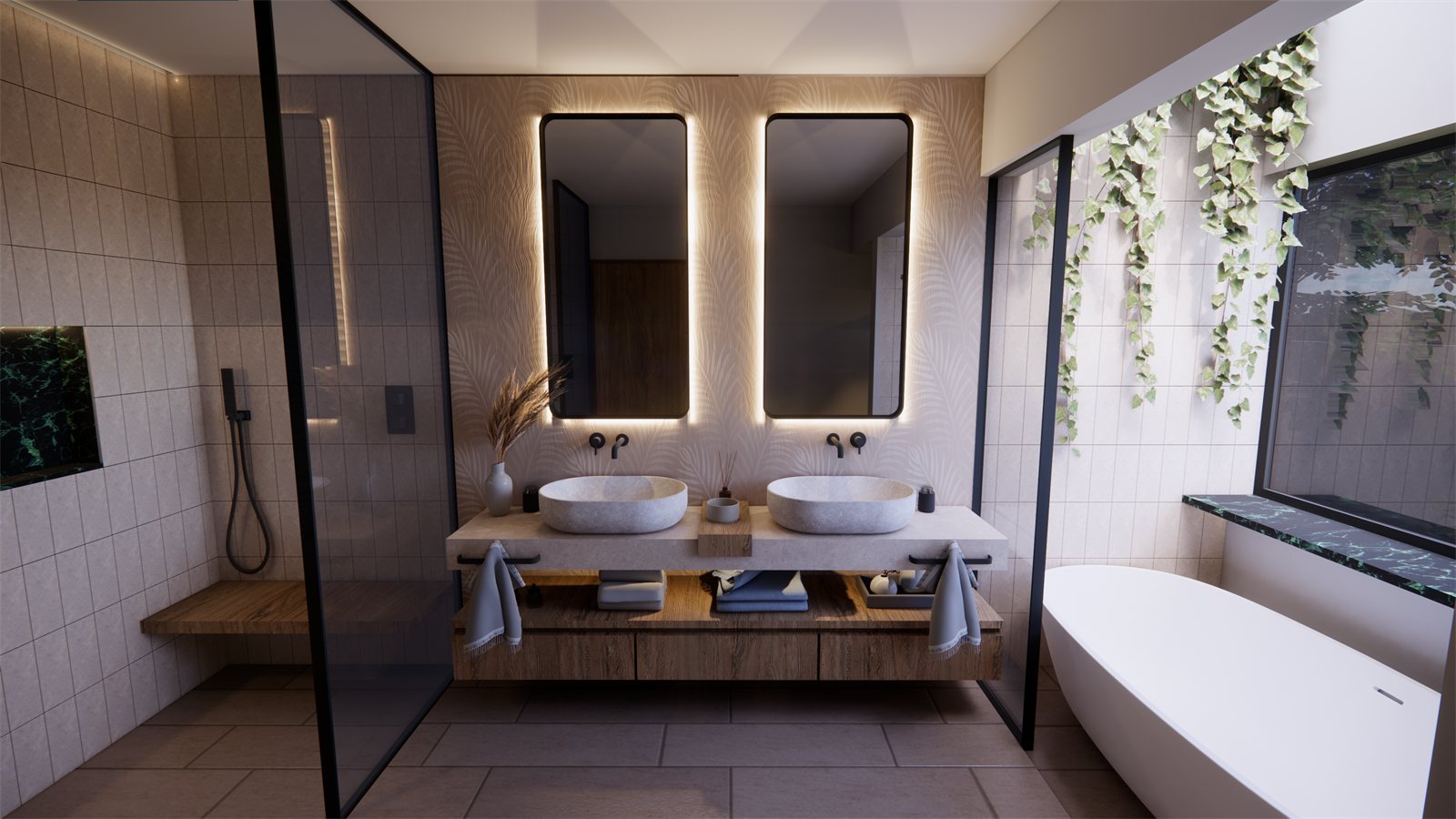 Villa Girouette — ensuite bathroom with twin basins and a freestanding bath.